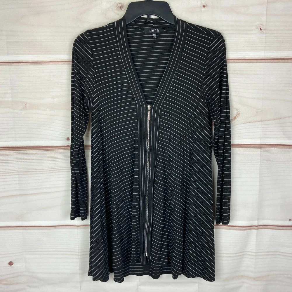 Comfy USA Cardigan Womens XS Black‎ White Striped Zip Front V-Neck Long Sleeve